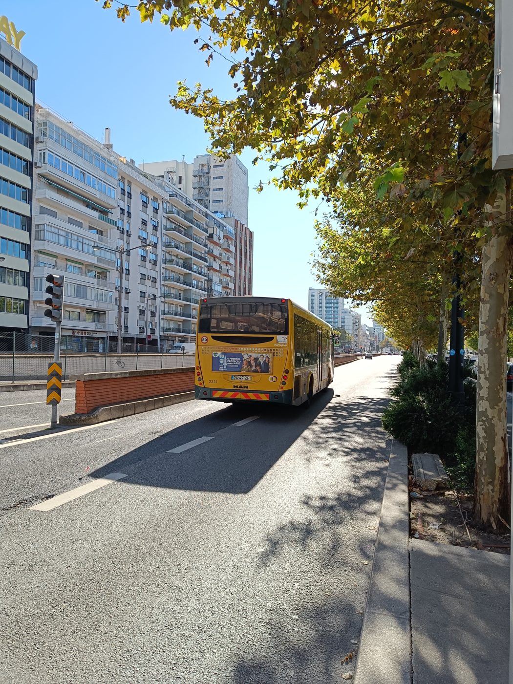 A yellow city bus on a wide avenue lined with trees and tall apartment blocks